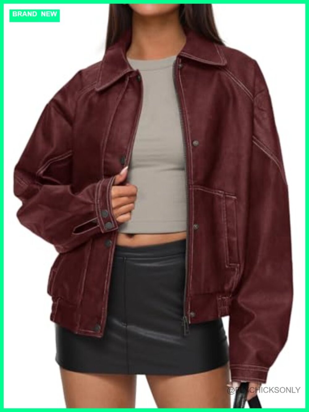 Oversized Faux Leather Moto Biker Jacket Button-Down Trench Coat